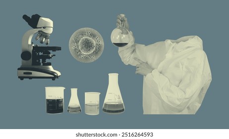 Biotechnology vintage monochrome collage design elements isolated on blue background. Lab coat scientist holding chemistry glassware, microscope equipment