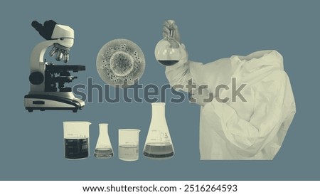 Biotechnology vintage monochrome collage design elements isolated on blue background. Lab coat scientist holding chemistry glassware, microscope equipment