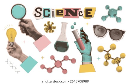 Biotechnology vintage monochrome halftone collage design elements set isolated on transparent background. Scientist hands holding chemistry glassware, test tubes, loupe, lightbulb. Vector