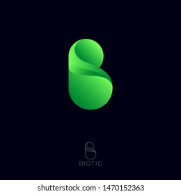Biotic Logo. Green B monogram. Letter b and a green leaf. Biology logo.