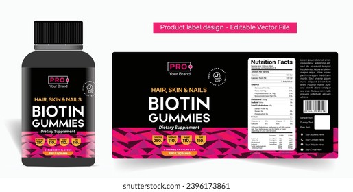 Biotin gummies strawberry flavor supplement pink black label design healthy protein multivitamin label packaging design for food candy sticker, high quality print ready editable vector file