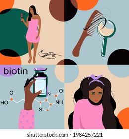 Biotin, vitamin B7 chemical formula.Vector infographic illustration with icons.Nutrition for hair loss prevention and treatment.Early baldness and alopecia.Supplement pills and capsules.Taking care