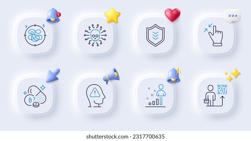 Biotin vitamin, Cyber attack and Leadership line icons. Buttons with 3d bell, chat speech, cursor. Pack of Stats, Mental health, Touchscreen gesture icon. Stress, Shield pictogram. Vector