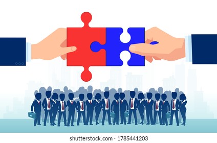 Bipartisan agreement between republican and democratic party. Vector of two politicians bringing together puzzle parts 