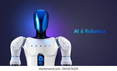 Bipedal autonomous humanoid robot. Humanoid robotics technology. humanoid robot with AI or artificial intelligence. Robot Head in glass mask with actuator hands. Anthropomorphic robotics helper.