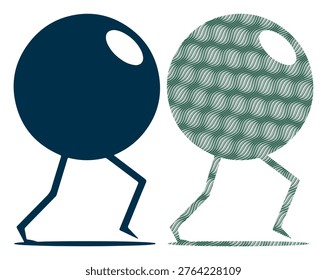 Bipedal round monster walking pose, solid dark blue, green wavy line fill, side view design