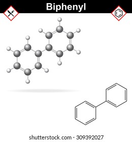 Biphenyl - citrus fruit preservative, E230 additive, chemical formula and model, 2d & 3d vector on white background, eps 8