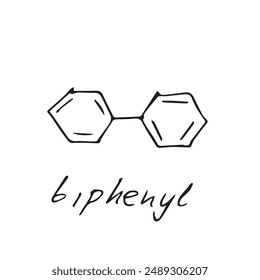 Biphenyl-Molekül-Formel. Handgezeichnete Imitation des PCB-Strukturmodells, Chemie-Skelettformel, skizziertes Vektorgrafik-Symbol