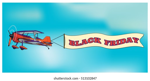 Biplane aircraft pulling advertisement banner Black Friday