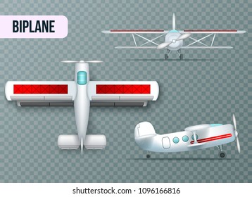 Biplane aircraft two wings airplane top side and front view realistic set transparent background shadow vector illustration 