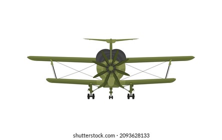 Biplane airplane in flight, front view.