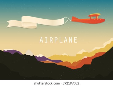 Biplane with banner. Vintage travel poster. Retro airplane poster. Vector Travel Poster.  Pop - art minimalistic style, for travel agencies, aviation companies. 