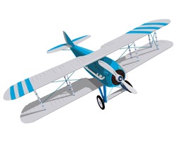 Biplane With Blue And White Coating. Model Aircraft Propeller With Two Wings. Plane From World War. Old Retro Aircraft Designed For Poster Printing. Beautifully Drawn Vector Flying Biplane.