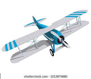 Biplane with blue and white coating. Model aircraft propeller with two wings. Plane from World War. Old retro aircraft designed for poster printing. Beautifully drawn vector flying biplane.