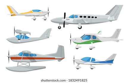 Zweiplane-Sammlung. Kleinpropellerflugzeug mit Vektor einzeln. Retro, persönlich, Fracht, Speed Biplane, Monoplane, Flugzeug, Hydroplane, Schraubflugzeug-Illustration. Lufttransport-Sammlung