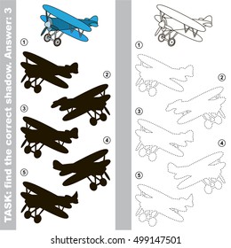 Biplane with different shadows to find the correct one, to compare and connect object with it true shadow, this is the educational kid game with easy game level. Visual game for preschool children.