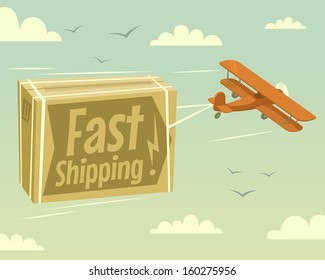 Biplane and fast shipping. Vector illustration. 