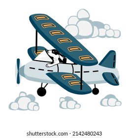 Biplane flying above the clouds with a pilot dog in cartoon.Childish background for printing on fabric and paper.Hand drawn vector isolated illustration for design card,poster,cover.