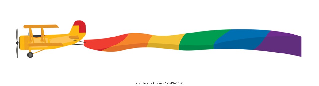 A biplane flying over a white background with the LGBT flag. Vector illustration with a biplane for LGBT world month.