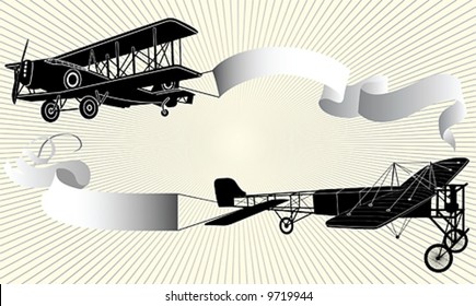 Biplane pulling a blank banner. Airplane with ribbon. Vector illustration.