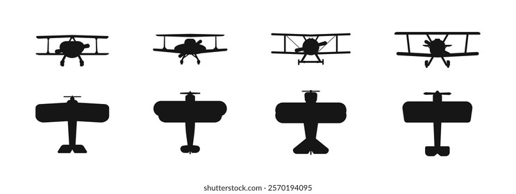 Biplane Silhouette Vector Set from Multiple Angles