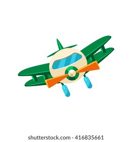 Biplane Toy Aircraft Glossy Vector Drawing In Childish Fun Style Isolated On White Background