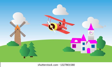 Biplane.
Toy plane flies over the landscape of cut paper. Illustration, vector.