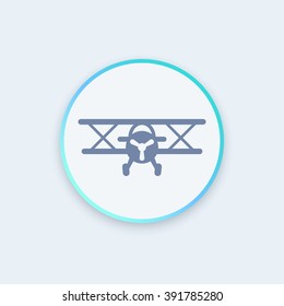 Biplane vector icon, airplane round icon, biplane aircraft, plane vector illustration