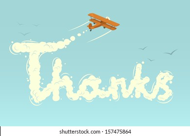 Biplane with word Thanks. Vector illustration.