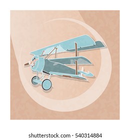 Biplane from World War with blue coating. Model aircraft propeller with two wings. Old retro aircraft designed for poster printing. Beautifully and realistically drawn vector flying biplane.