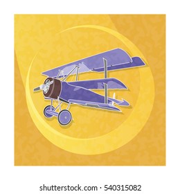 Biplane from World War with blue coating. Model aircraft propeller with two wings. Old retro aircraft designed for poster printing. Beautifully and realistically drawn vector flying biplane.