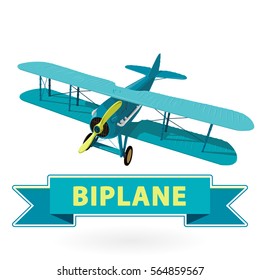 Biplane from World War with blue coating. Model aircraft propeller with two wings. Old retro aircraft designed for poster printing. Beautifully and realistically drawn vector flying biplane.