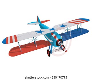 Biplane from World War with colors of flag of United States. Model aircraft propeller with two wings. Old retro aircraft designed for poster. Beautifully and realistically vector flying biplane.