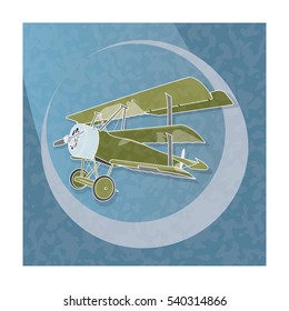 Biplane from World War with green coating. Model aircraft propeller with two wings. Old retro aircraft designed for poster printing. Beautifully and realistically drawn vector flying biplane.