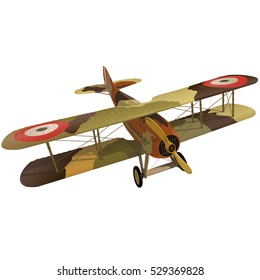 Biplane from World War with military camouflage. Model aircraft propeller with two wings. Old retro aircraft designed for poster printing. Beautifully and realistically drawn vector flying biplane.