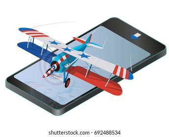 Biplane from World War on mobile phone with colors of flag of United States. Model aircraft propeller with two wings. Old retro aircraft designed for poster. Realistic vector of flying biplane.