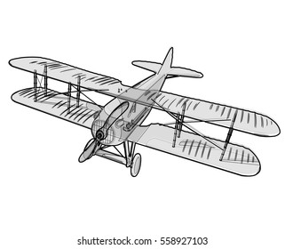 Biplane From World War With Outline. Model Aircraft Propeller With Two Wings. Old Retro Vector Aircraft Designed For Poster Printing. Beautifully And Realistically Drawn Vector Flying Biplane.