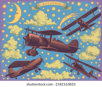 Biplanes in the sky, stars, moon and clouds. Design set. Editable hand drawn illustration. Vector vintage engraving. Isolated on color background. 8 eps