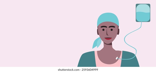 BIPOC Alopecia Patient with Venous Port System, Cancer Patient Treated with Chemotherapy, Flat Vector Stock Illustration or Copy Space Template for Overlay