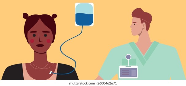 BIPOC cancer patient consultation with doctor medical and chemotherapy flat vector stock illustration