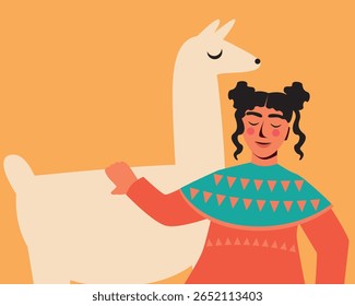 BIPOC criança com lhama ou alpaca, ilustração de stock de vetor plano com caráter tradicional sul-americano para sstkTravel