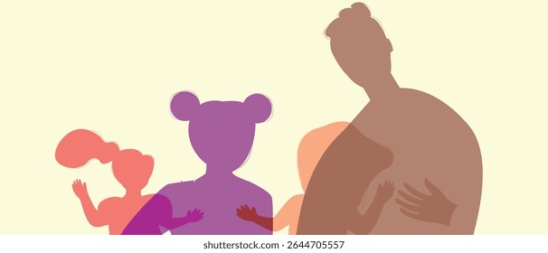 BIPOC pai ou pai africano com crianças, cor silhueta vetor ilustração como conceito feliz autêntica Família