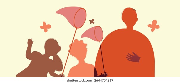 BIPOC Father or dad and children playing with net and butterflies together, color silhouette vector illustration with authentic Family copy space template for design