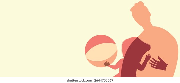 BIPOC Father or dad and kids playing ball together, color silhouette vector illustration with authentic Family copy space template for design