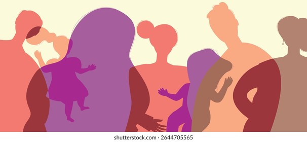 BIPOC mom, dad and kids with African relatives as a big family, color silhouette vector illustration as propaganda of fertility and authentic Family