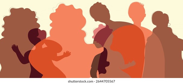 BIPOC pais e filhos com parentes africanos como uma grande família, cor silhueta vetor ilustração como uma promoção da fertilidade e família autêntica