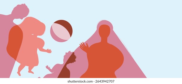BIPOC parents and kids playing ball together, silhouette vector stock illustration as Authentic Family silhouettes, copy space template for design