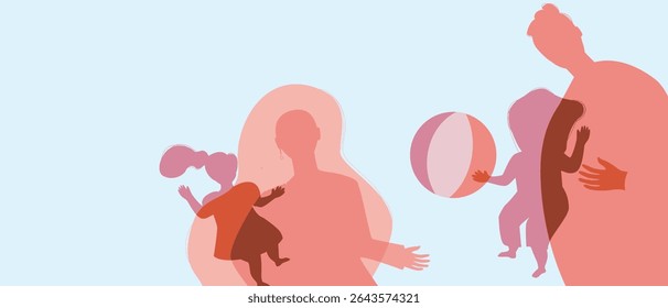 BIPOC parents and kids playing together, silhouette vector stock illustration as Authentic Family silhouettes, copy space template for overlay