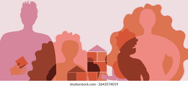 BIPOC parents and son and daughter playing together, silhouette vector stock illustration as Authentic Family silhouettes, copy space template for overlay