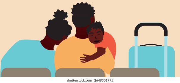 BIPOC people family travel and waiting on the way, flat vector stock illustration as concept difficult moments of family travel such as moments of exhaustion or confusion for sstkTravel